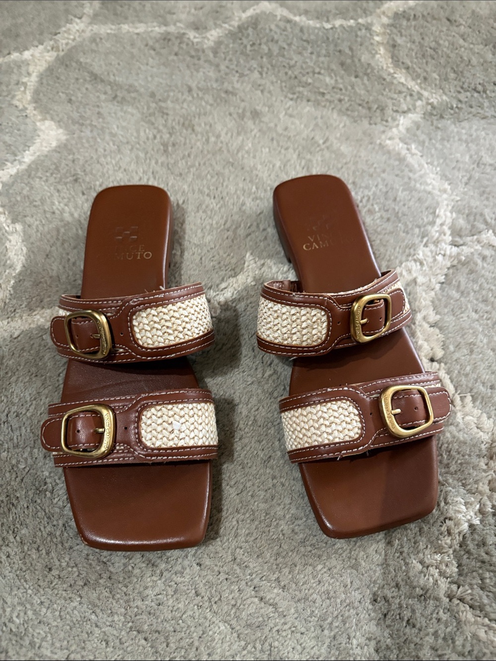 Vince Camuto raffia and cognac brown double buckle flat sandal slide Size 6.5
